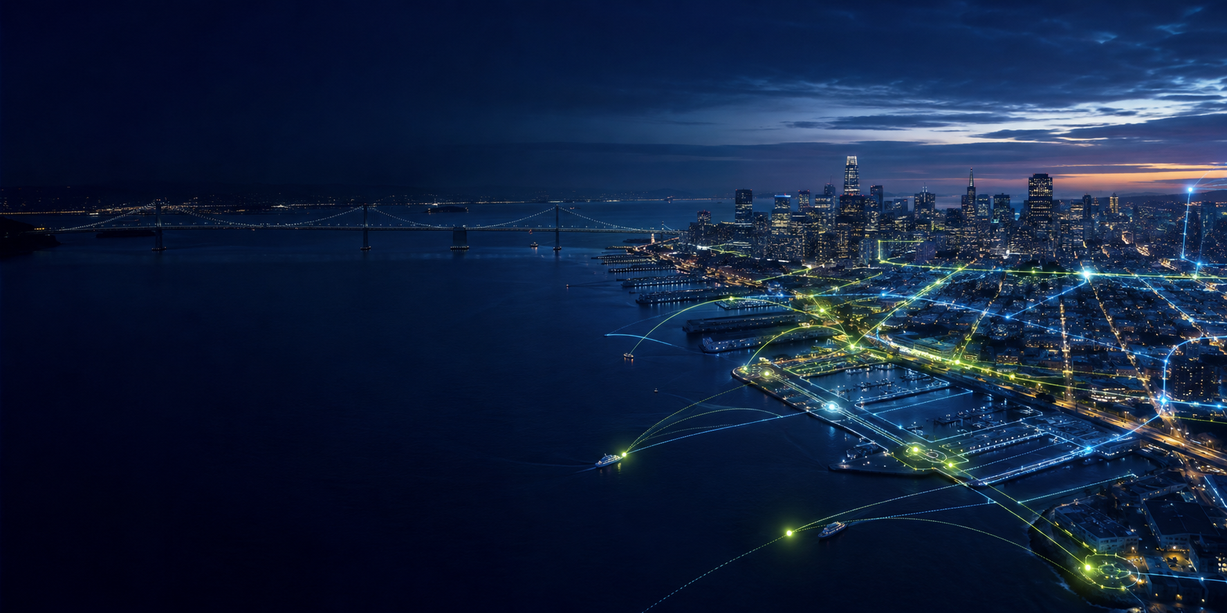 San Francisco Bay at dusk, overlaid with connected data pathways